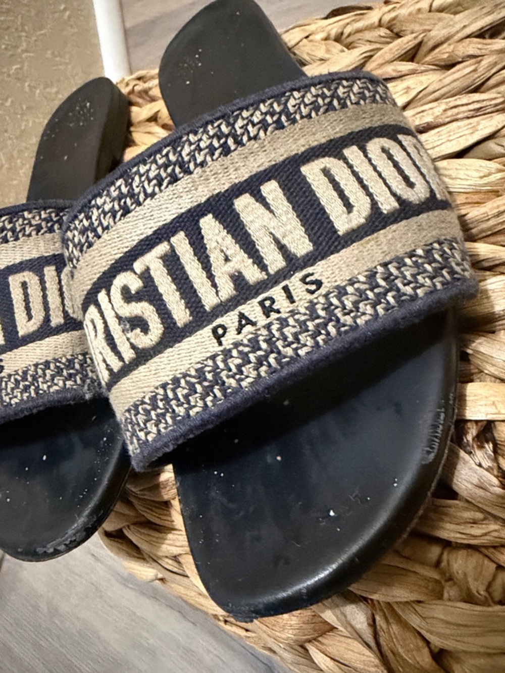 Dior Navy and Beige Logo Slide Sandals - Picture 3 of 5
